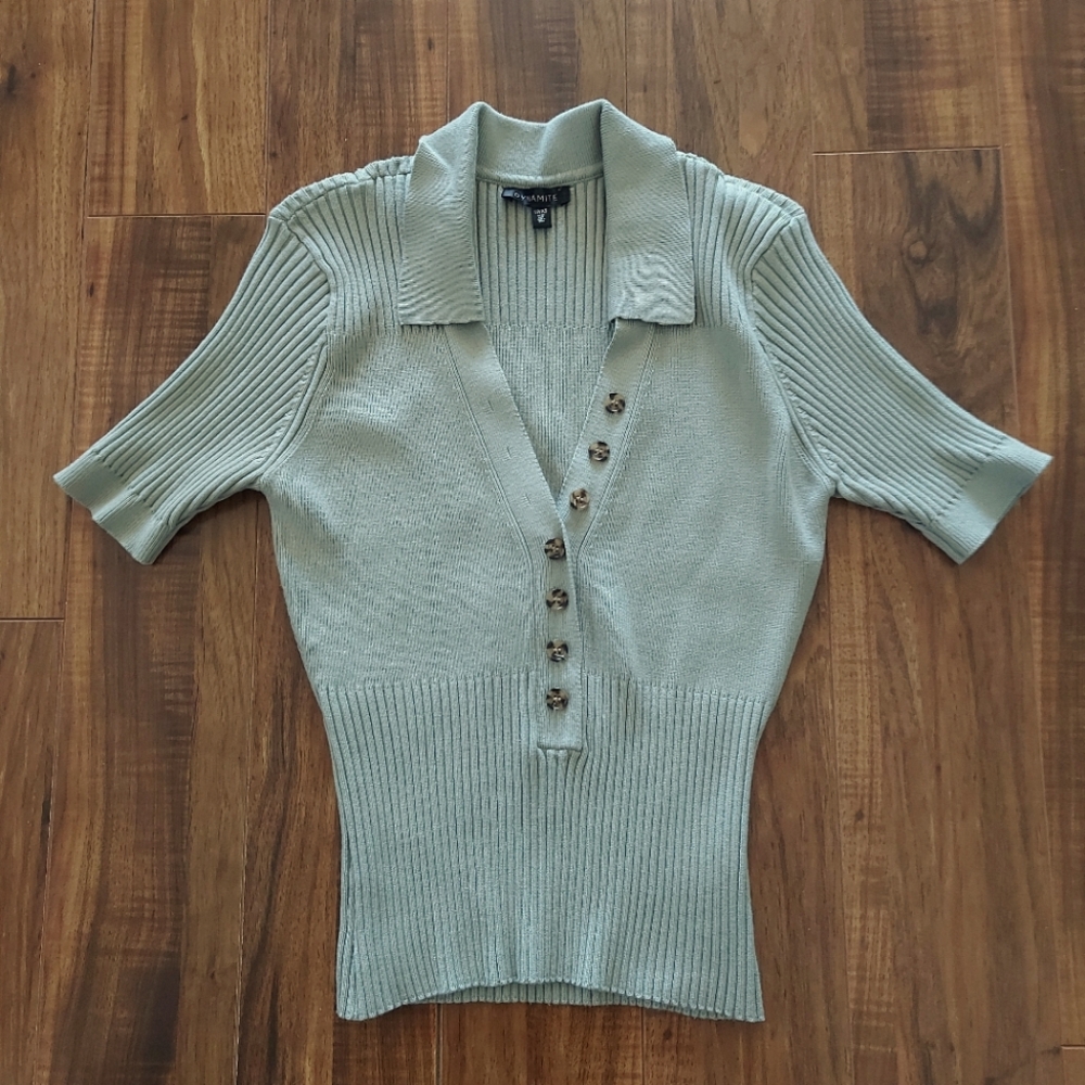 Dynamite Short Sleeve Top V Neck Button Up (Sage)
